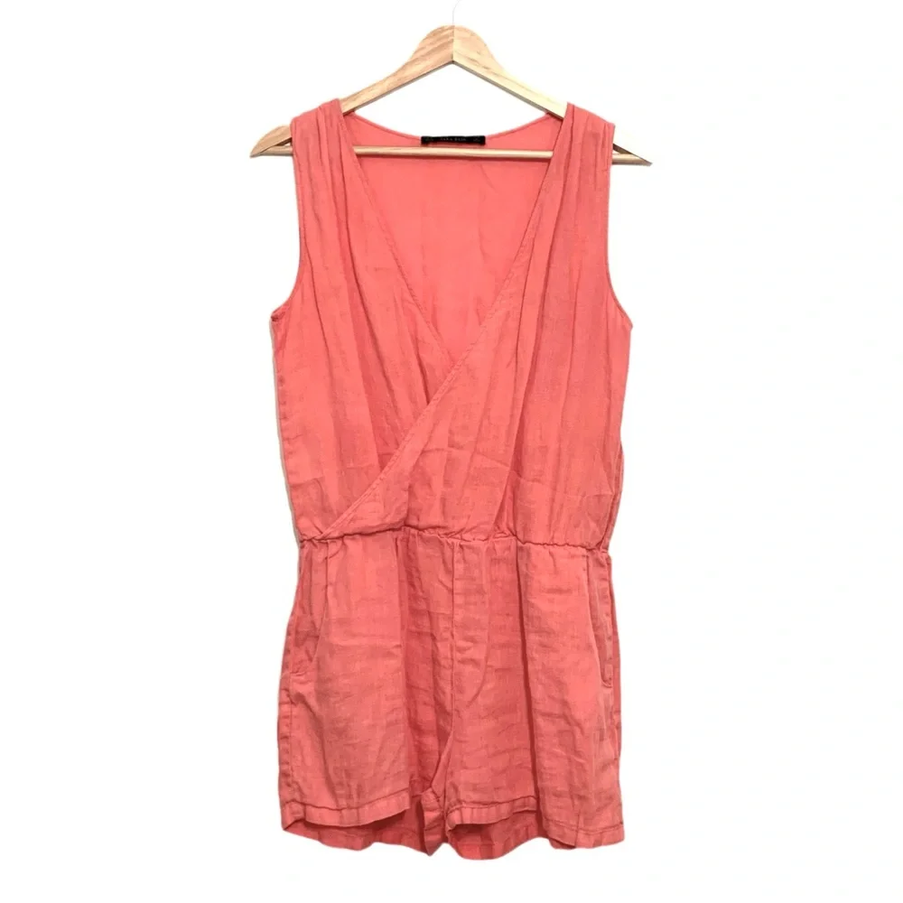 Zara Basics Coral Linen Romper Size Small V-Neck Sleeveless Casual